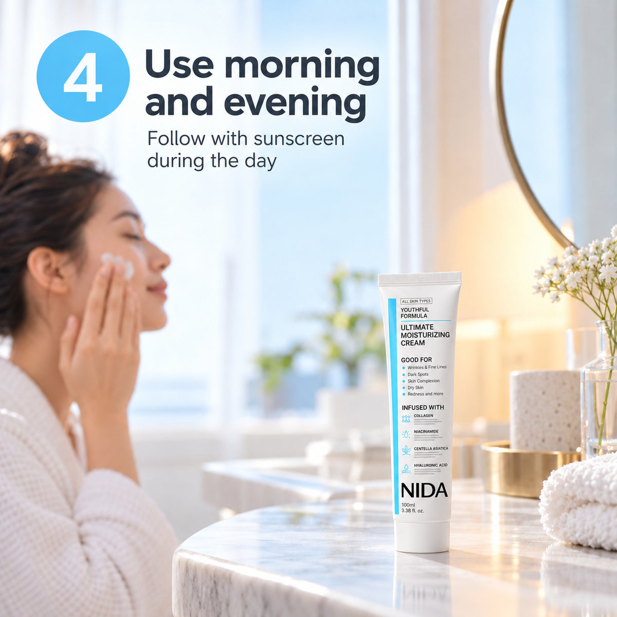 How to use, step 4: use morning and evening, follow with sunscreen during the day