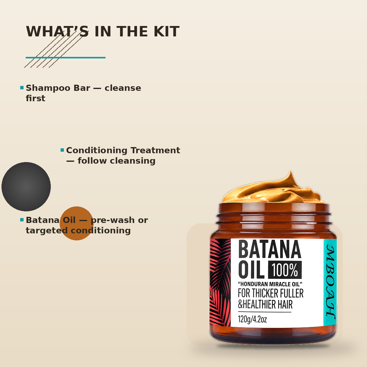 Nourishing Hair Wellness Kit shampoo bar conditioning treatment and Batana Oil components