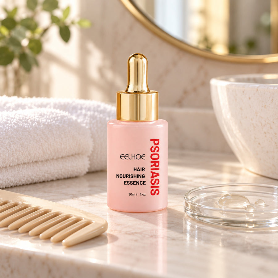 Leave-in scalp serum on a marble vanity with a wide-tooth comb and towels