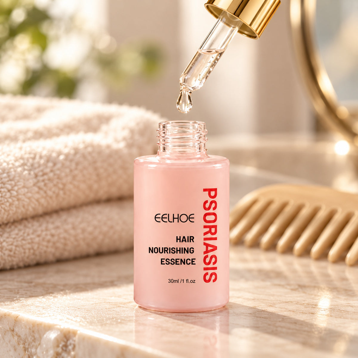 Gold dropper releasing a drop of clear scalp serum above the bottle