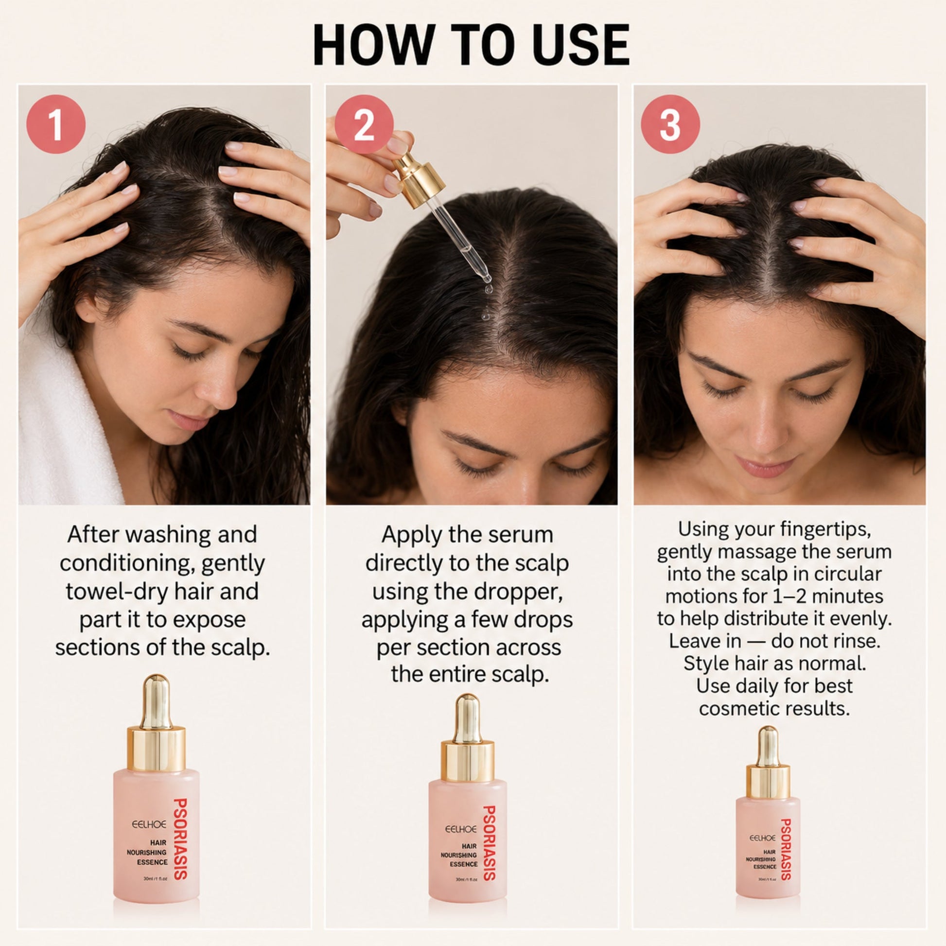 Nourishing Scalp & Hair Strengthening Serum – Thicker-Looking Hair — photographic three-step how-to