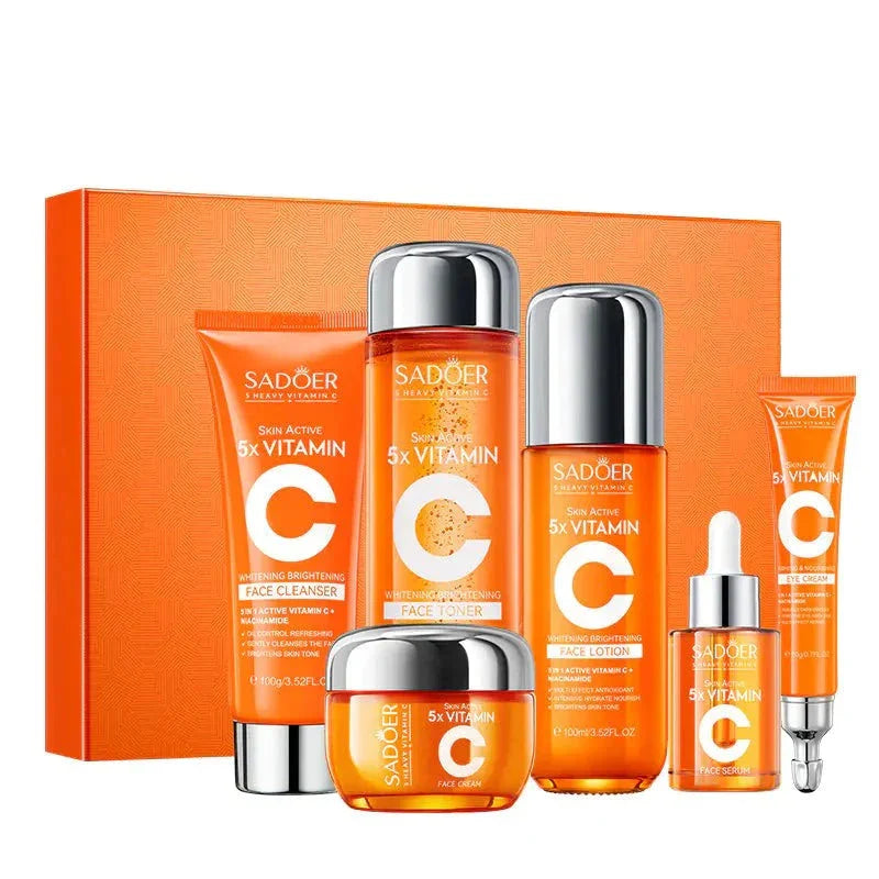 Open Sadoer vitamin C 7-piece gift box showing all skincare components arranged inside.