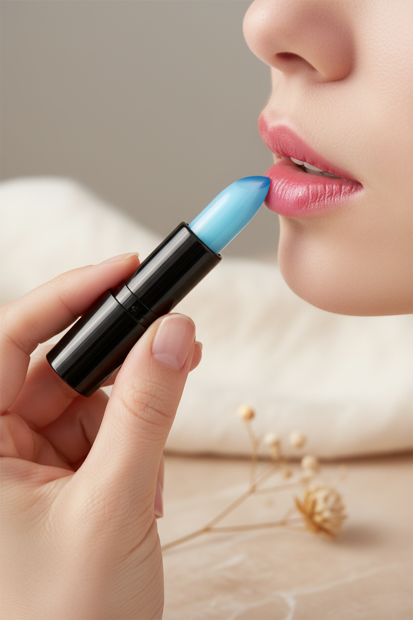 Woman applying Vibely color-changing jelly lipstick — blue jelly bullet activating into a personalised pink on the lips.