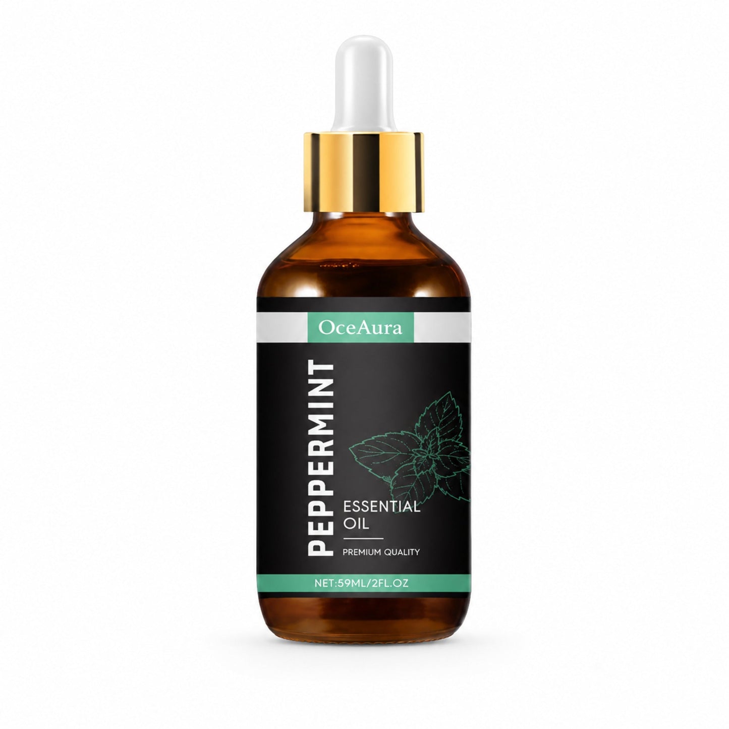 OceAura Peppermint Essential Oil bottle alone on white with a soft realistic shadow