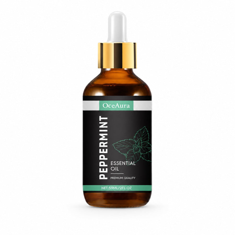 OceAura Peppermint Essential Oil bottle alone on white with a soft realistic shadow