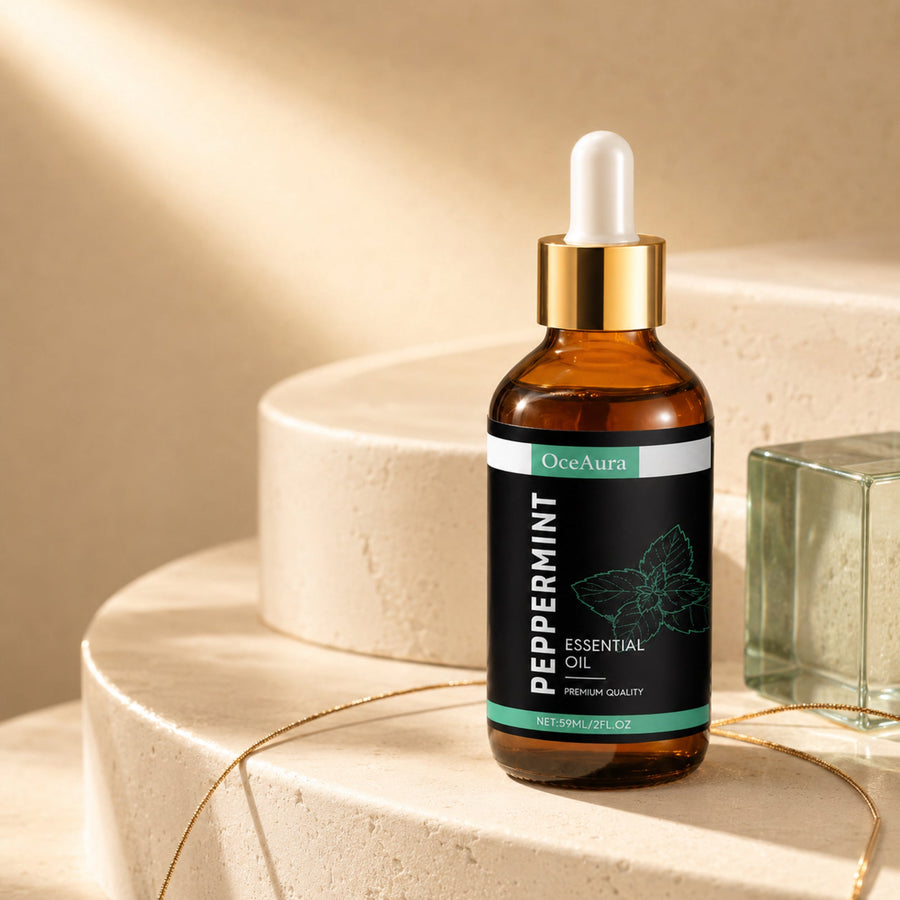 OceAura Peppermint Oil in a warm cream three-quarter premium product shot