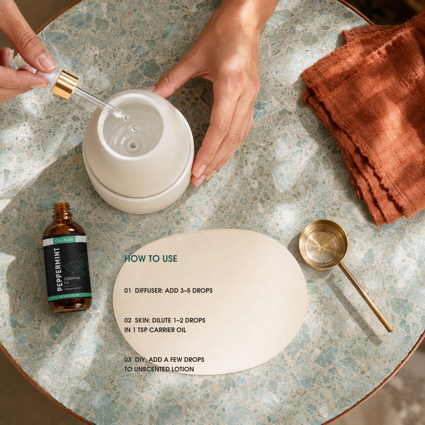 How to use OceAura peppermint oil: diffuse, dilute in carrier oil or blend into lotion