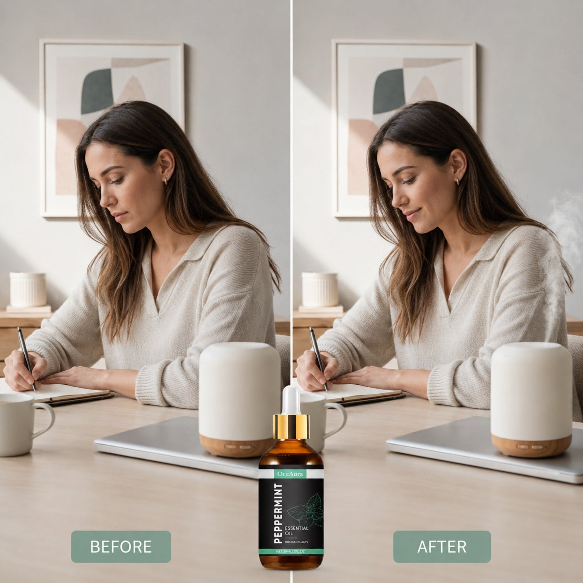 OceAura peppermint oil before-and-after diffuser ritual under identical natural light