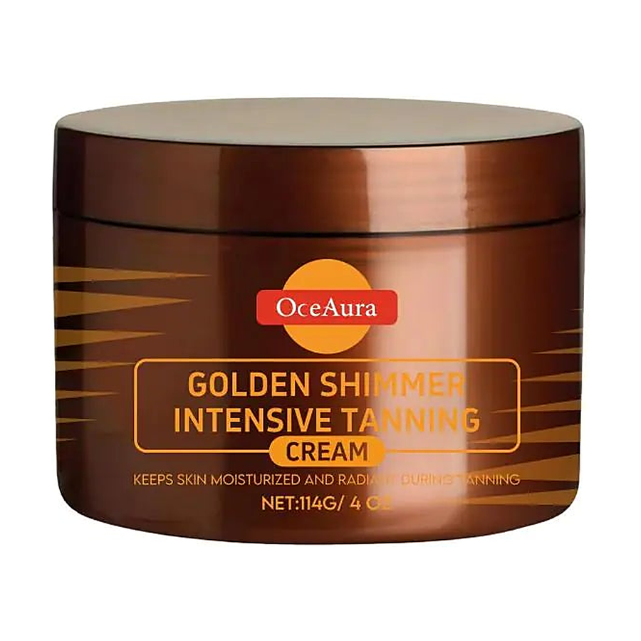 OceAura Golden Shimmer Intensive Tanning Cream 114g — jar only, centered hero on white background with soft studio shadow