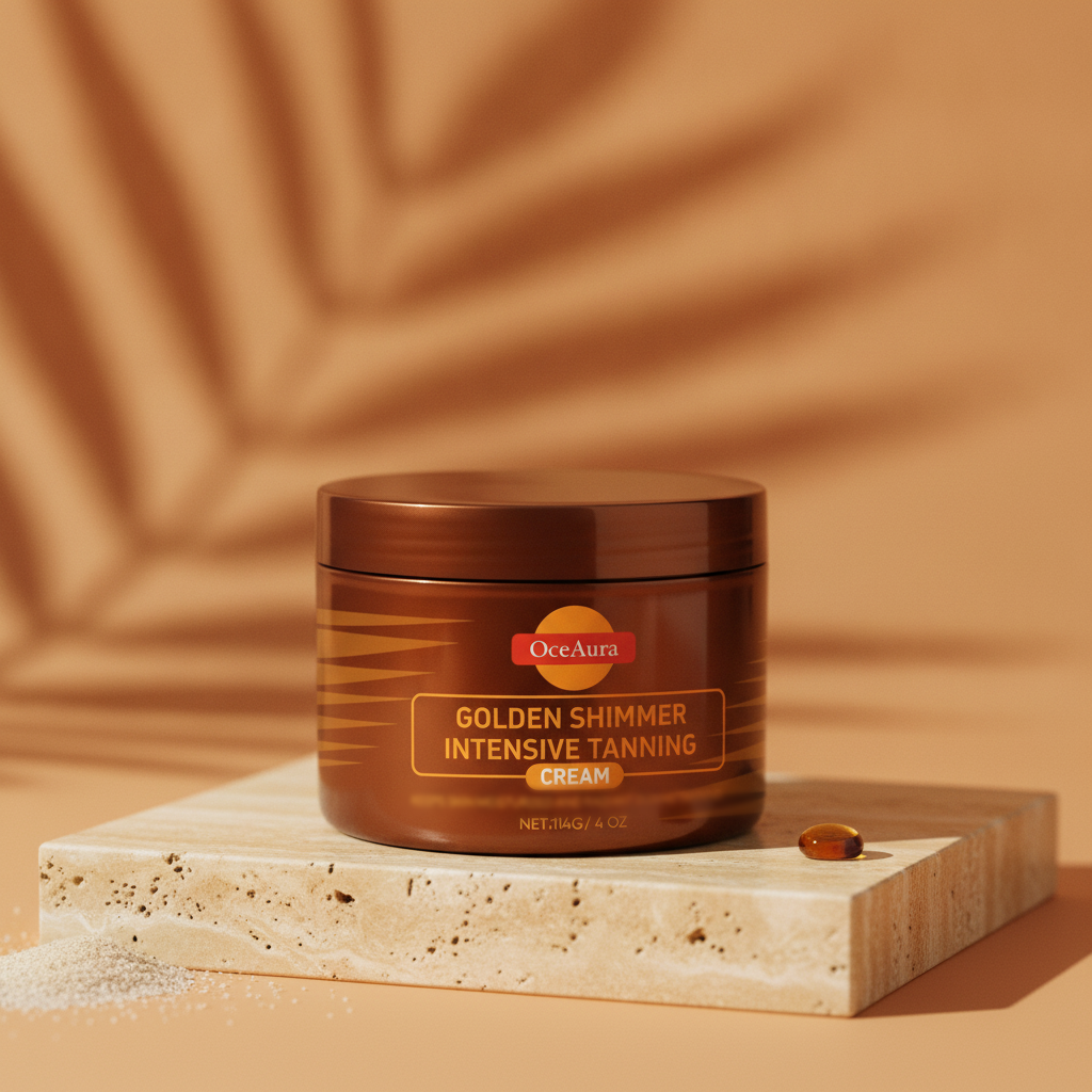 OceAura Golden Shimmer Intensive Tanning Cream — styled three-quarter angle on warm travertine with palm shadow