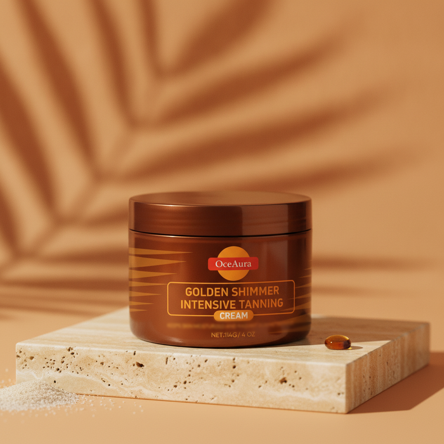 OceAura Golden Shimmer Intensive Tanning Cream — styled three-quarter angle on warm travertine with palm shadow