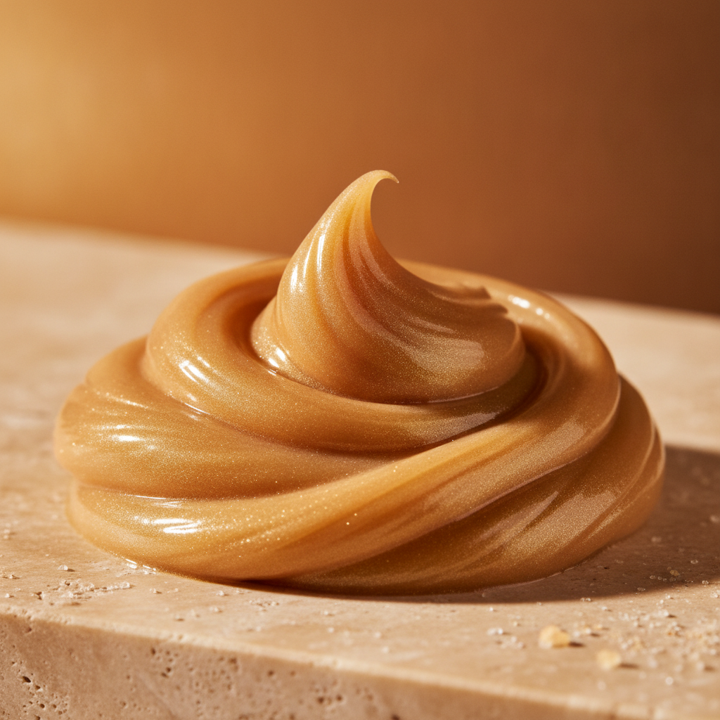 OceAura Golden Shimmer Intensive Tanning Cream — macro of the golden caramel cream texture with shimmer