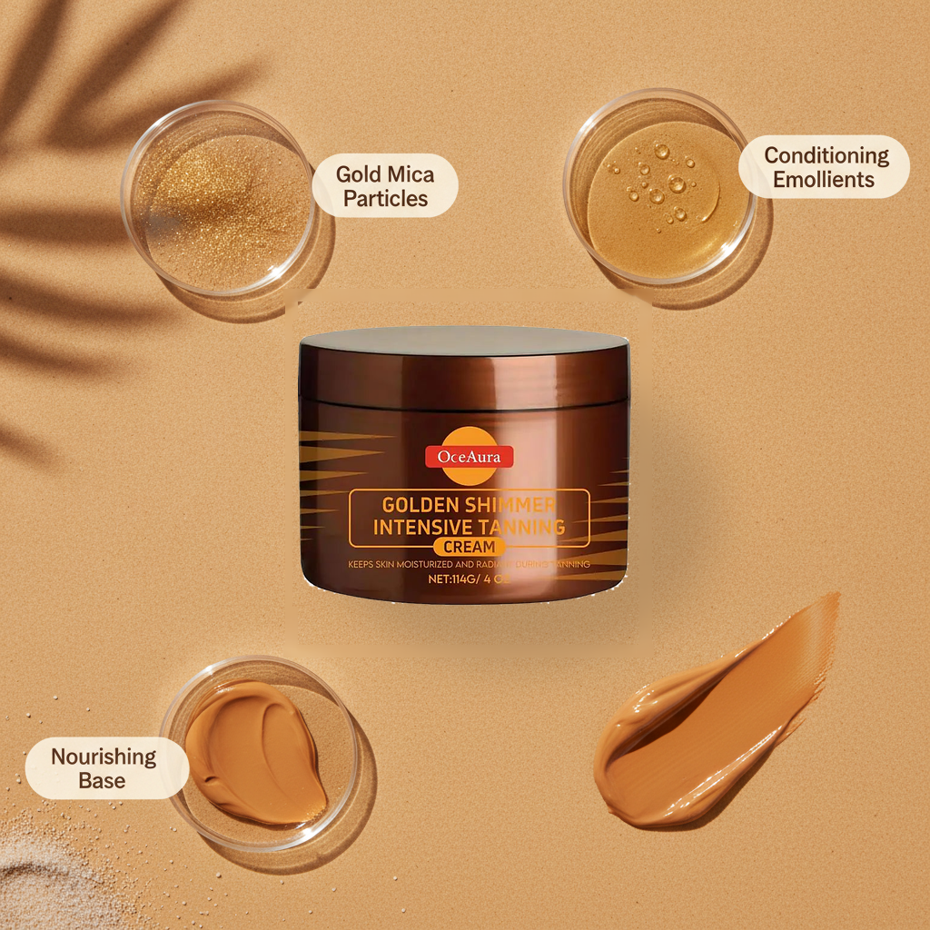 OceAura Golden Shimmer Intensive Tanning Cream — ingredient story: gold mica particles, conditioning emollients, nourishing base