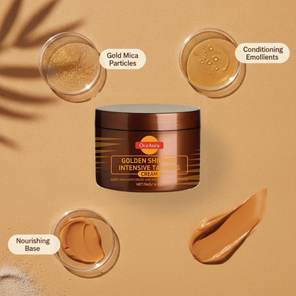 OceAura Golden Shimmer Intensive Tanning Cream — ingredient story: gold mica particles, conditioning emollients, nourishing base