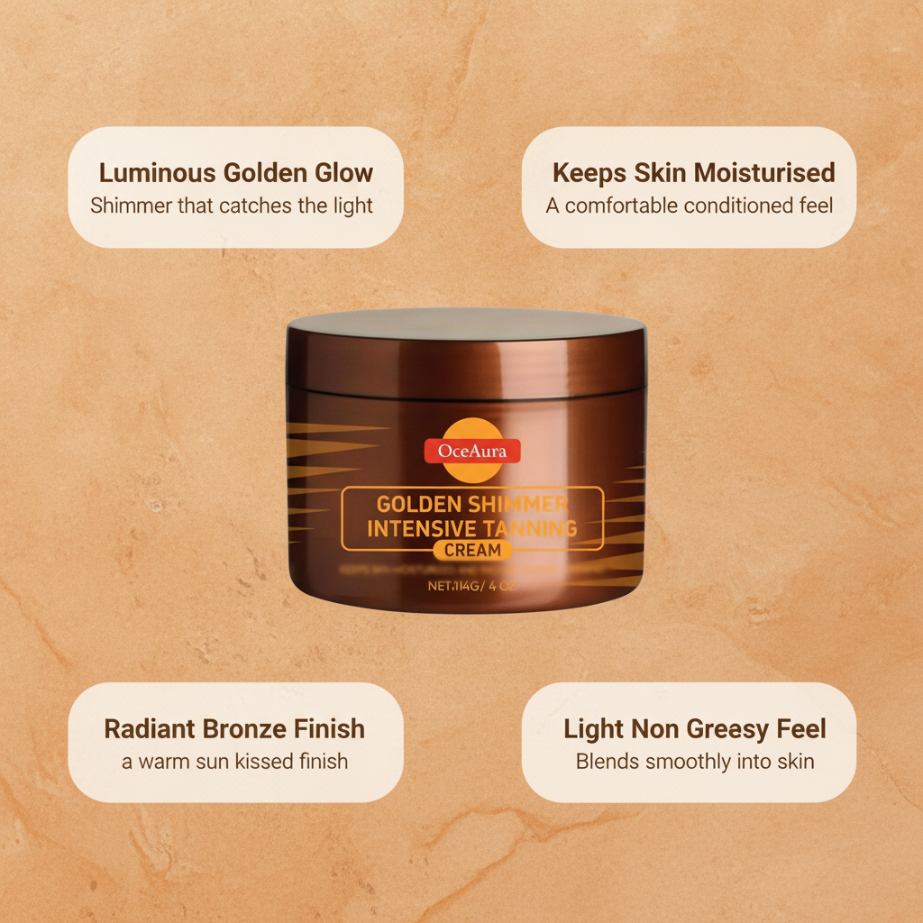 OceAura Golden Shimmer Intensive Tanning Cream — key benefits at a glance graphic