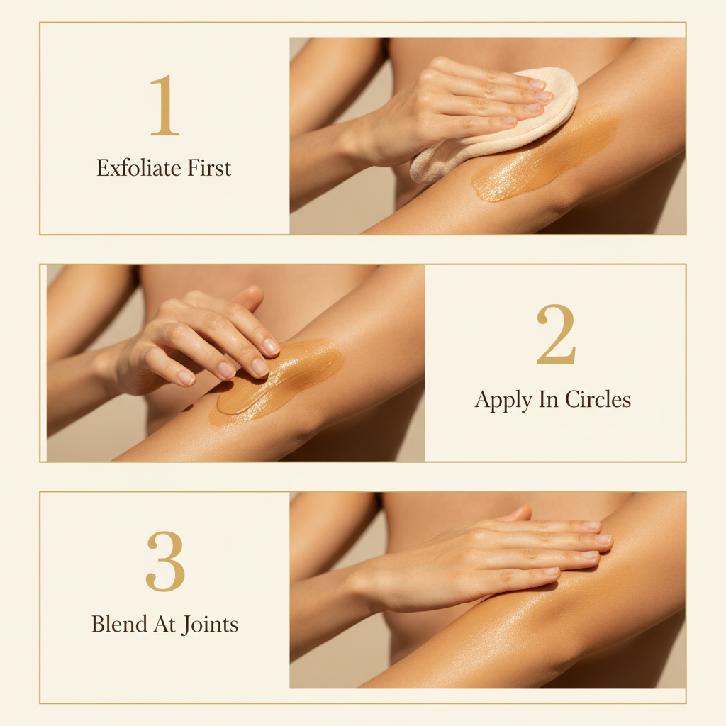 OceAura Golden Shimmer Intensive Tanning Cream — how to use in three steps: exfoliate first, apply in circles, blend at joints