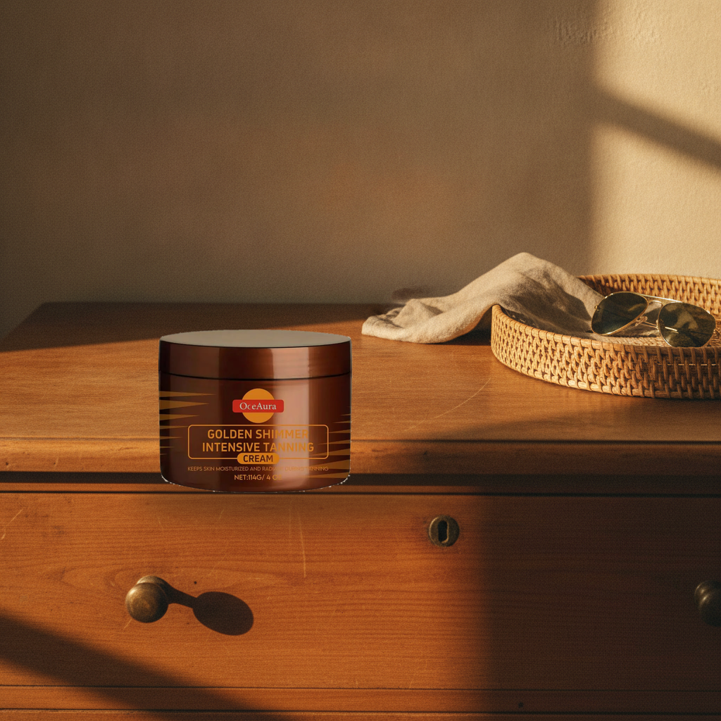 OceAura Golden Shimmer Intensive Tanning Cream — lifestyle photo of the jar on a sunlit dresser with linen and rattan
