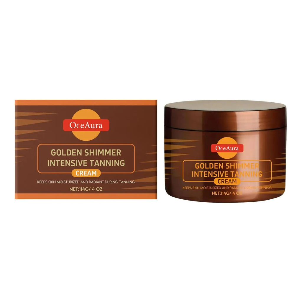 OceAura Golden Shimmer Intensive Tanning Cream 114g — carton and jar packaging shot on white background