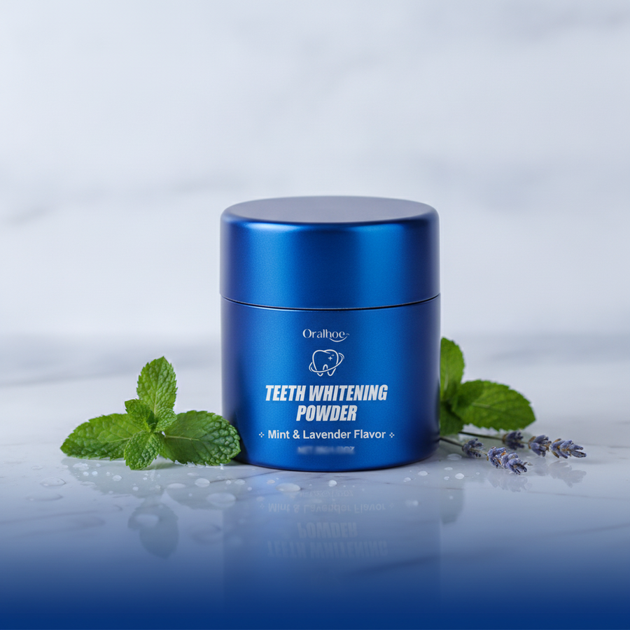 Mint & Lavender Daily Oral Care Powder — styled angle on white marble with fresh mint and lavender