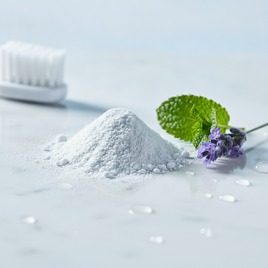 Mint & Lavender Daily Oral Care Powder — macro of the ultra-fine white powder with mint and lavender