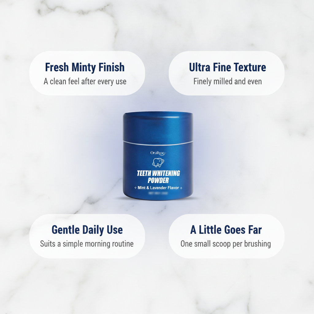 Mint & Lavender Daily Oral Care Powder — key benefits at a glance graphic