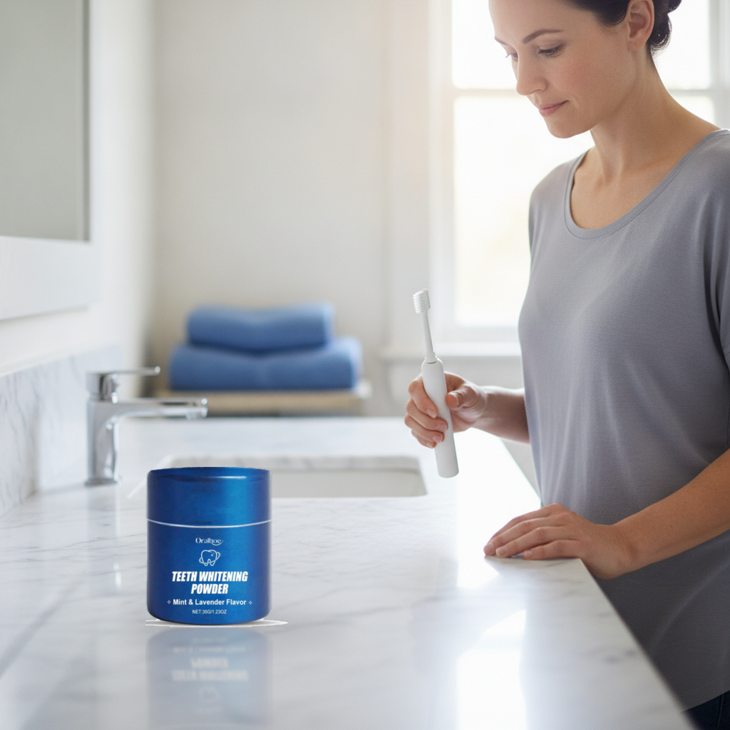 Mint & Lavender Daily Oral Care Powder — lifestyle photo of the tin on a bathroom vanity during a morning routine