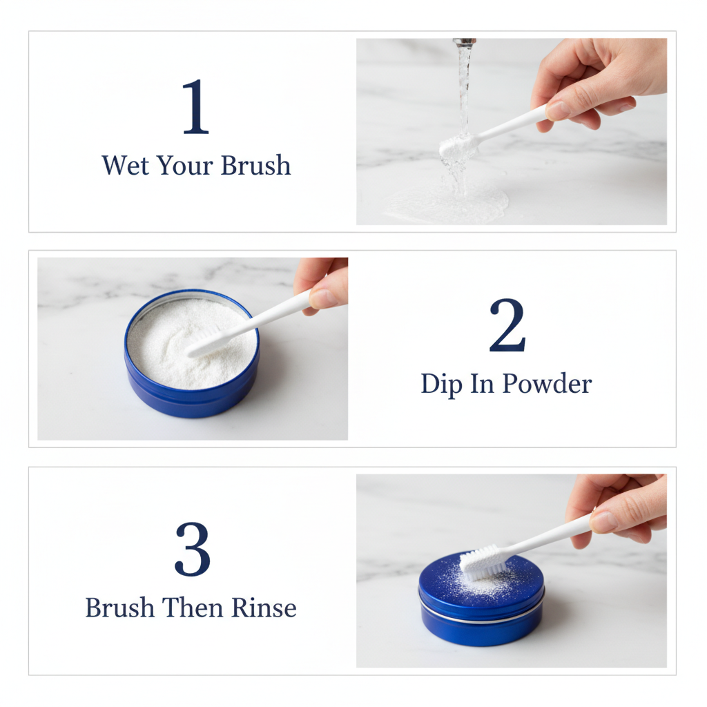 Mint & Lavender Daily Oral Care Powder — how to use in three steps: wet your brush, dip in powder, brush then rinse