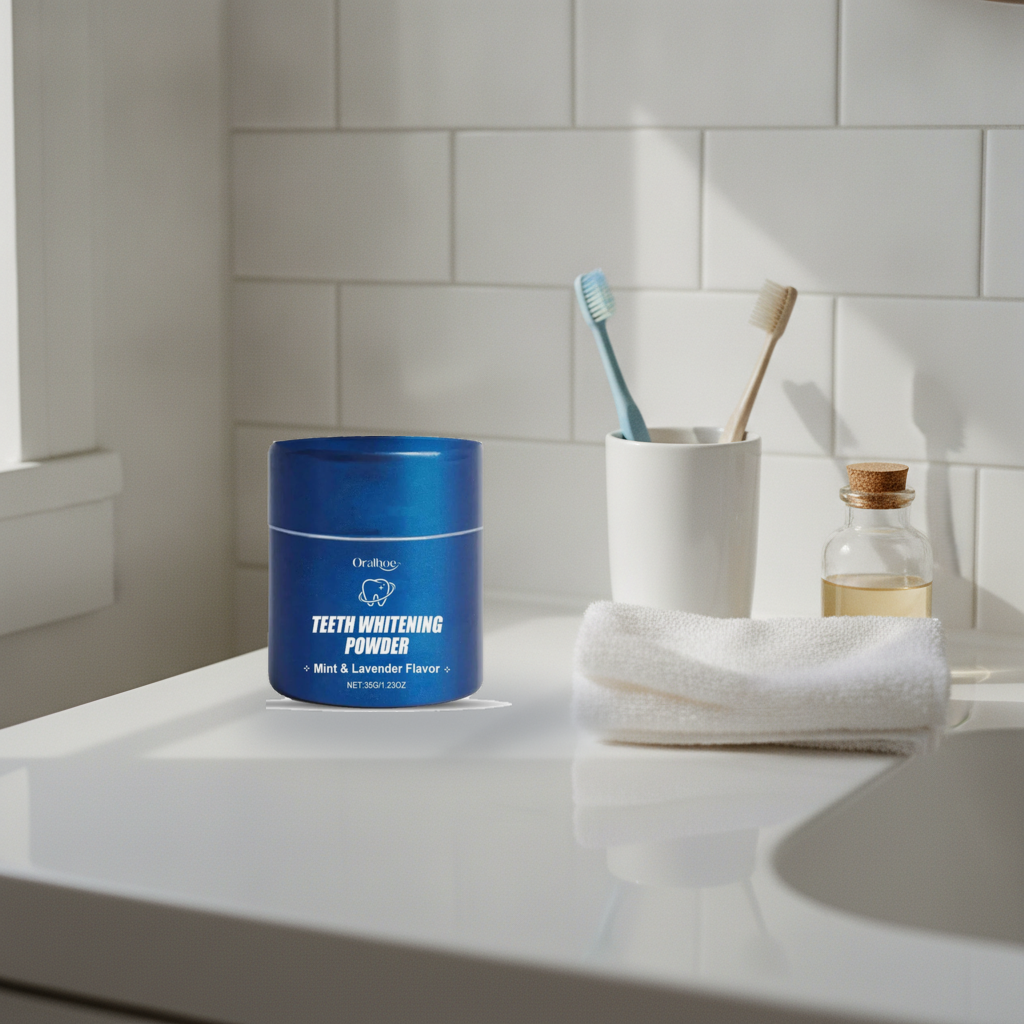 Mint & Lavender Daily Oral Care Powder — lifestyle photo of the tin on a sunlit bathroom counter
