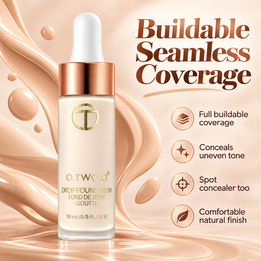 O.TWO.O Drop Foundation benefits: full buildable coverage, conceals uneven tone, spot concealer too, comfortable natural finish