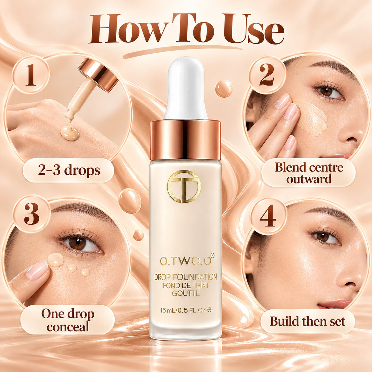How to use O.TWO.O Drop Foundation: 2-3 drops, blend centre outward, one drop to conceal, build then set