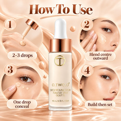 How to use O.TWO.O Drop Foundation: 2-3 drops, blend centre outward, one drop to conceal, build then set