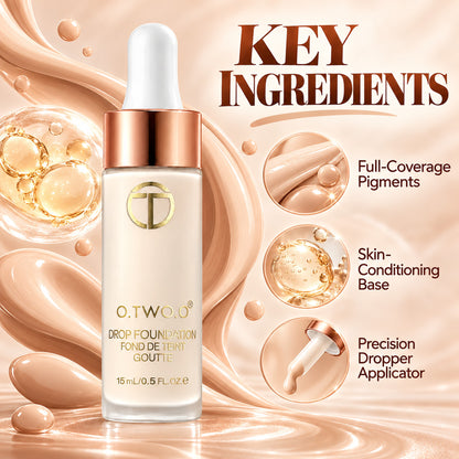 Key ingredients of O.TWO.O Drop Foundation: full-coverage pigments, skin-conditioning base, precision dropper applicator