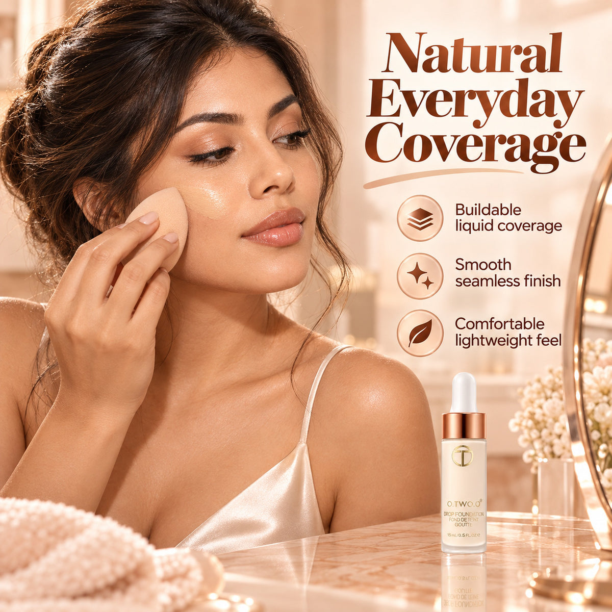 Woman blending O.TWO.O Drop Foundation with a sponge for natural everyday buildable coverage, 15 ml bottle on vanity