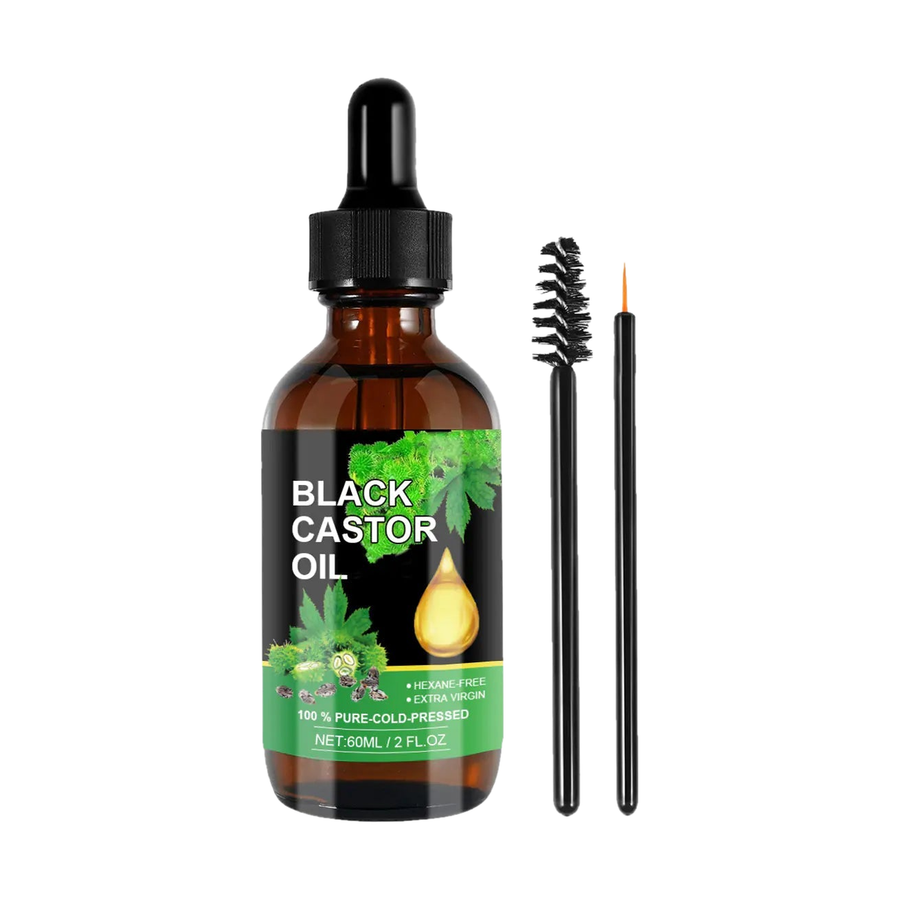 ouhoe Black Castor Oil 60ml bottle with its two applicator wands on a pure white background