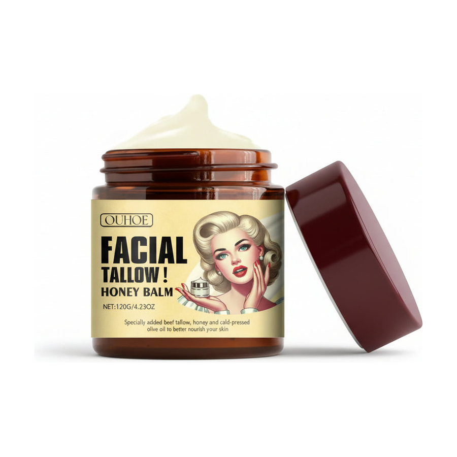 OUHOE Facial Tallow Honey Balm 120g jar with lid alone on a pure white background with a soft studio shadow