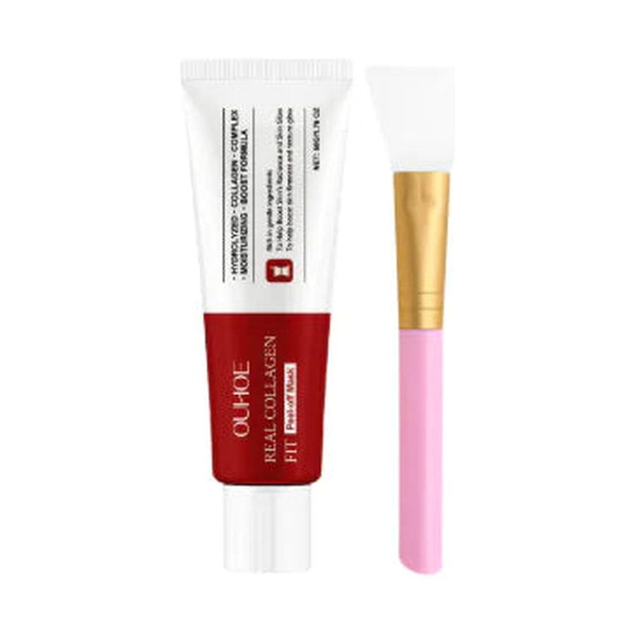 OUHOE Real Collagen Fit Peel-off Mask 50g tube with silicone applicator brush, centered on pure white