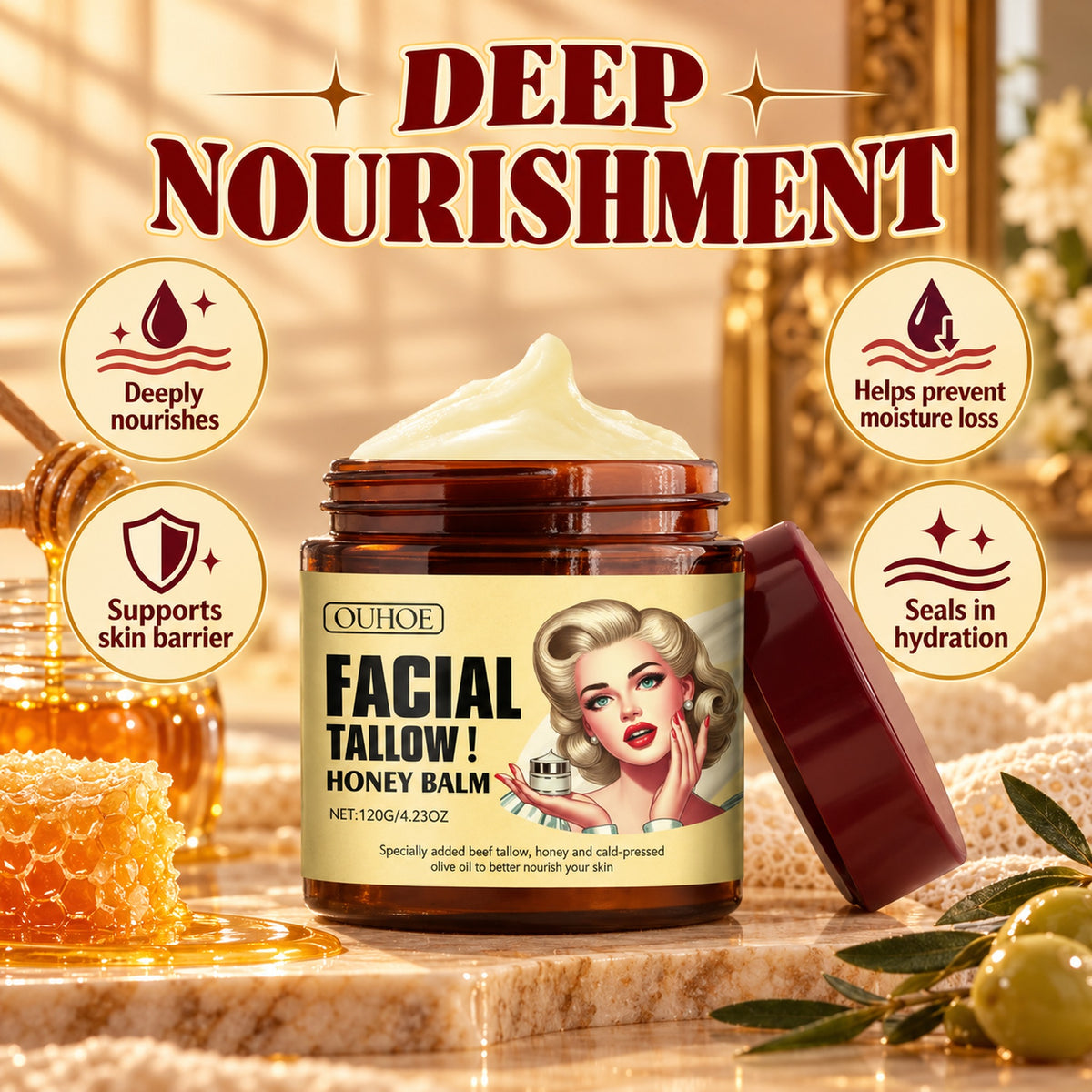Tallow honey balm benefits: deeply nourishes, helps prevent moisture loss, supports skin barrier, seals in hydration