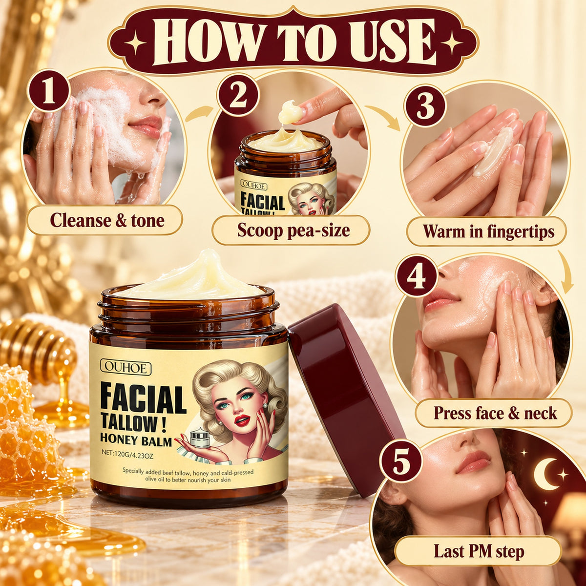 How to use the tallow honey balm in 5 steps: cleanse and tone, scoop pea-size, warm in fingertips, press into face and neck, last PM step