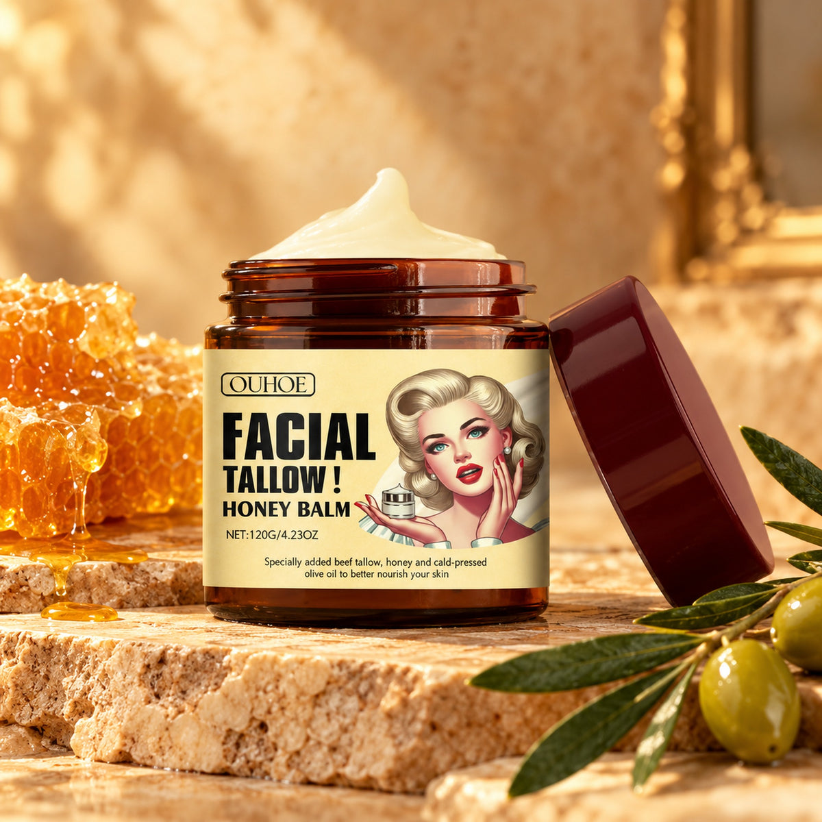 OUHOE Facial Tallow Honey Balm jar on warm stone with honeycomb and olive sprig