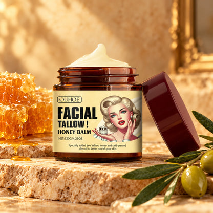 OUHOE Facial Tallow Honey Balm jar on warm stone with honeycomb and olive sprig