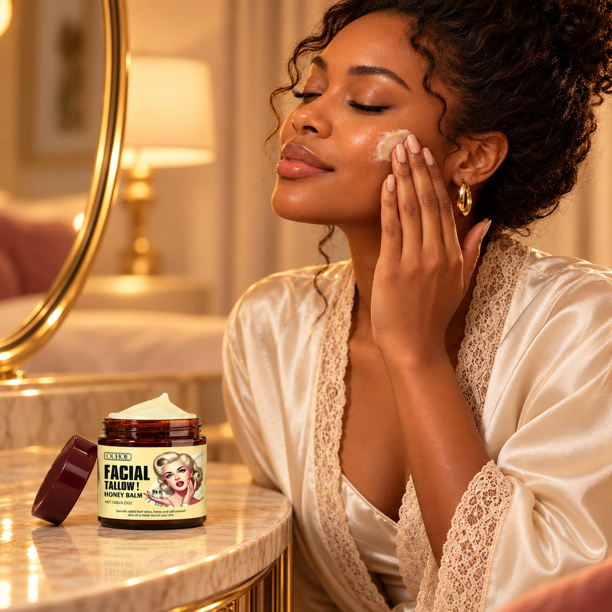 Woman pressing tallow honey balm into her cheek at a warm vanity, jar on the counter