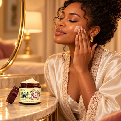 Woman pressing tallow honey balm into her cheek at a warm vanity, jar on the counter