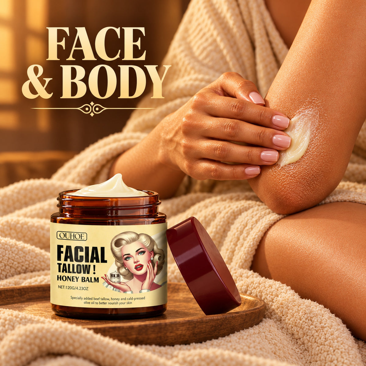 Face and body: smoothing tallow honey balm onto a dry elbow, jar open beside
