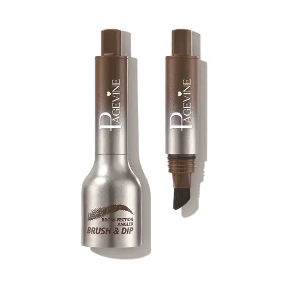 PAGEVINE Brow-Fection Angled Brush & Dip in 02 Taupe, closed and open, on a pure white background