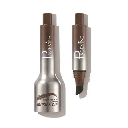 PAGEVINE Brow-Fection Angled Brush & Dip in 03 Auburn, closed and open, on a pure white background