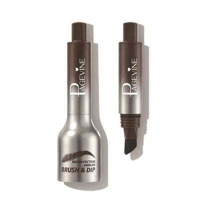 PAGEVINE Brow-Fection Angled Brush & Dip in 04 Chocolate, closed and open, on a pure white background
