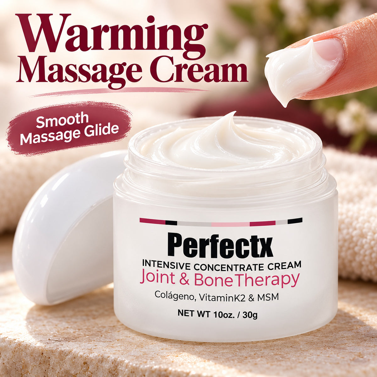 Open jar of Perfectx warming massage cream with smooth massage glide