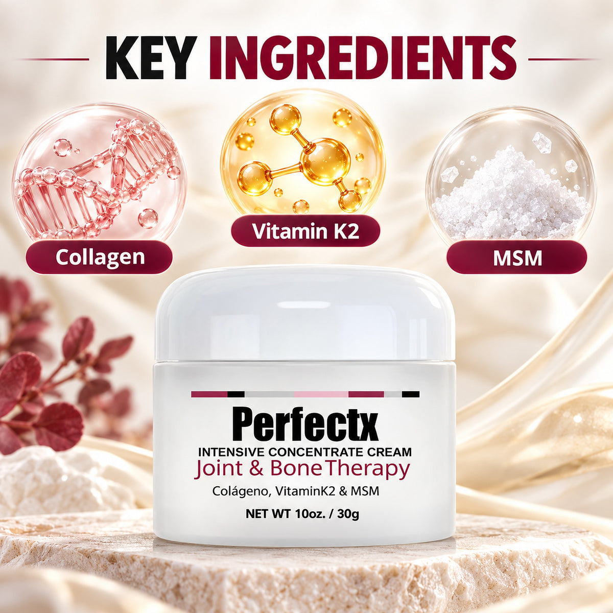 Key ingredients of Perfectx Joint & Bone Therapy cream: collagen, vitamin K2, MSM