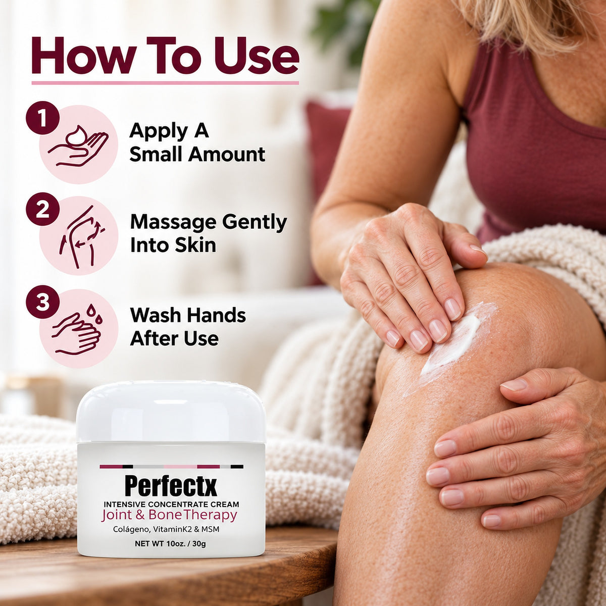 How to use the massage cream: apply a small amount, massage gently into skin, wash hands after use