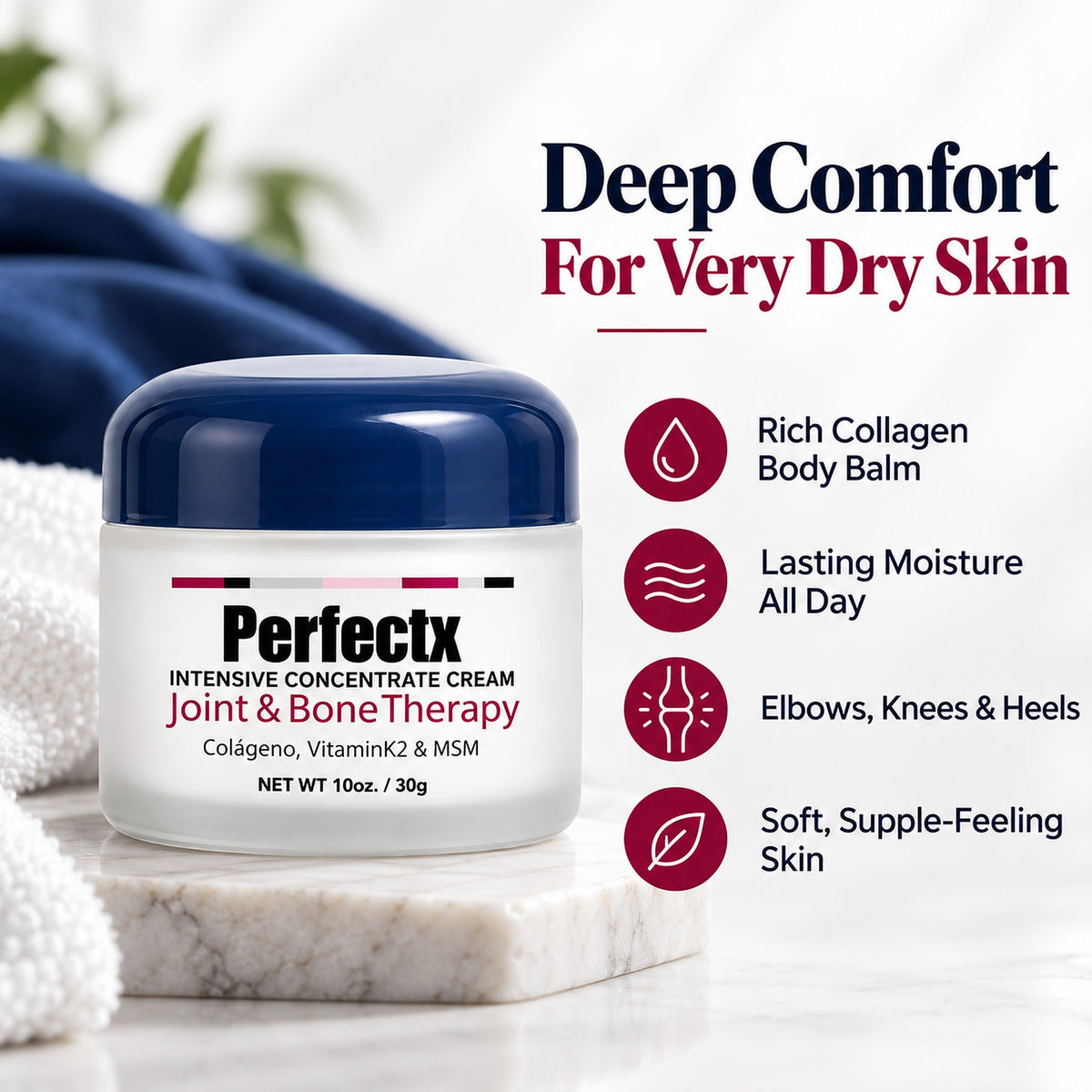 Deep comfort for very dry skin – rich collagen body balm, lasting moisture, for elbows, knees and heels